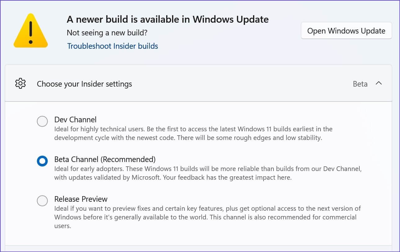 choose-a-beta-build-1290x812 أفضل 8 طرق لإصلاح عدم عمل بحث مستكشف الملفات على Windows 11