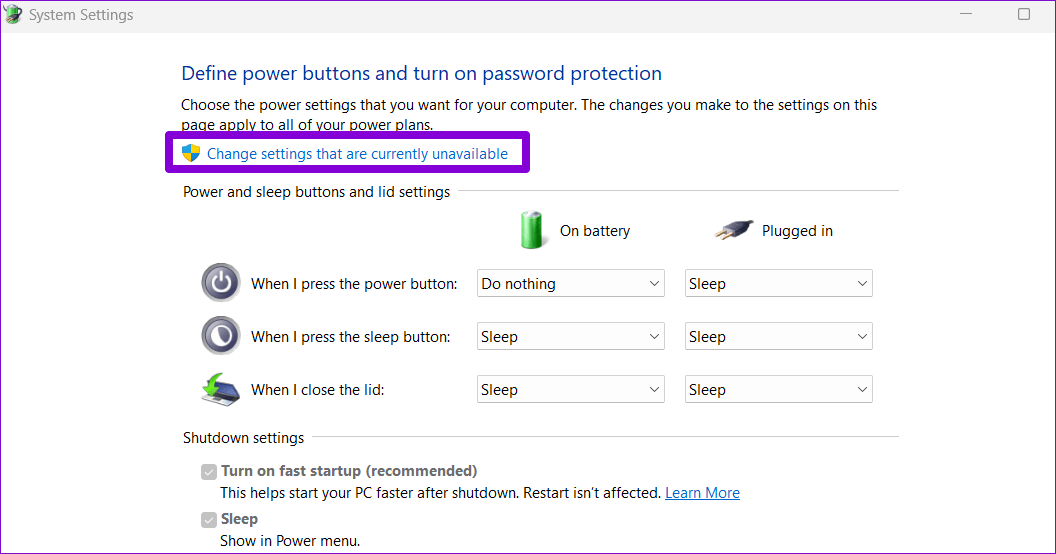 Change-Unavailable-Power-Settings أفضل 4 طرق لتعطيل بدء التشغيل السريع على Windows 11