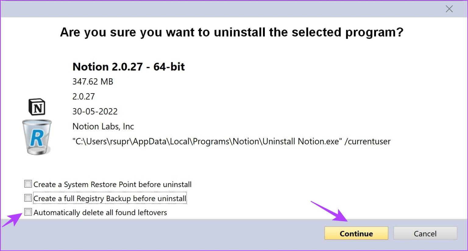 Click-Continue-1536x824-1-1536x824 3 طرق لإزالة الملفات المتبقية بعد إلغاء تثبيت البرنامج على Windows
