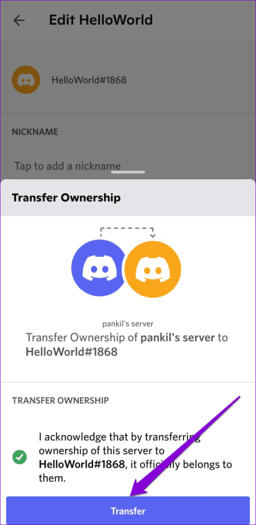 Confirm-Transfer-Discord-Server-Ownership-on-Mobile-500x1024-1 كيفية جعل شخص ما مسؤولًا أو مالكًا لخادم على Discord