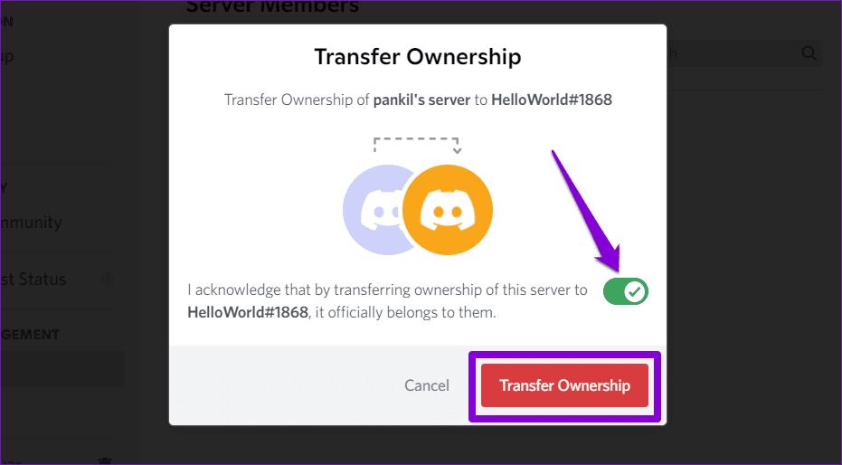 Confirm-Transfer-Discord-Server-Ownership كيفية جعل شخص ما مسؤولًا أو مالكًا لخادم على Discord
