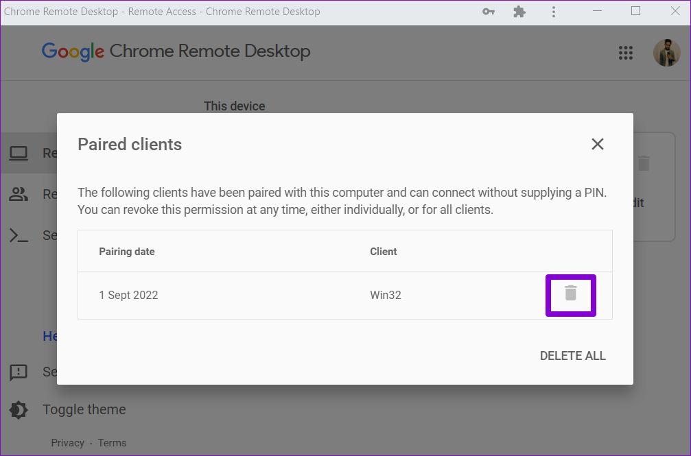 Delete-Paired-Clients-From-Chrome-Remote-Desktop أفضل 5 طرق لإصلاح عدم عمل سطح المكتب البعيد من Chrome على Windows 11