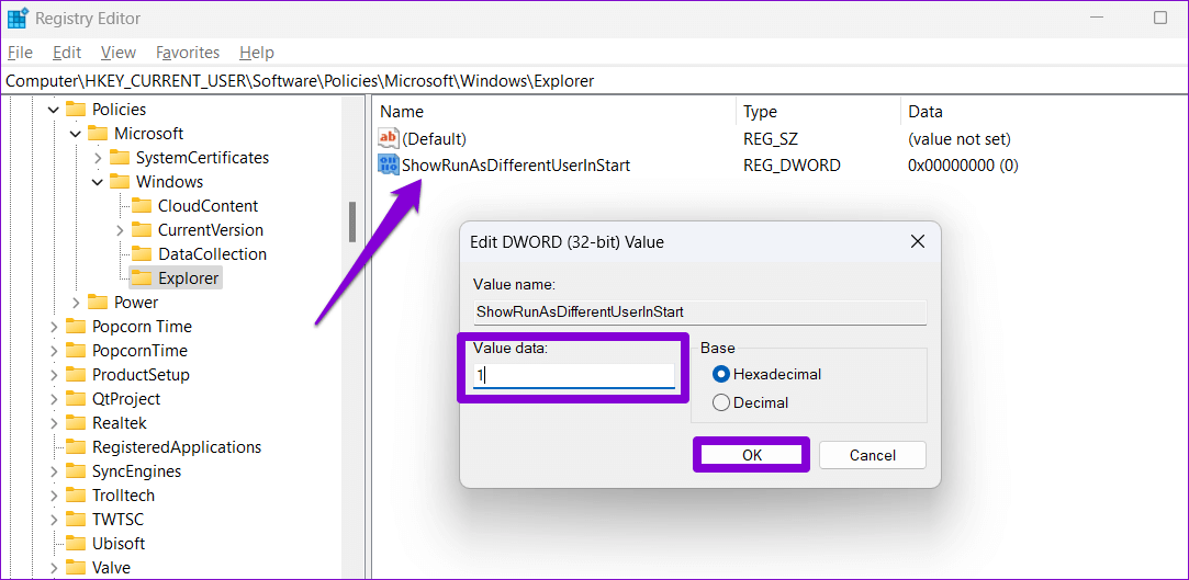 Edit-DWORD-Value-1 أفضل 3 طرق لتشغيل التطبيقات كمستخدم مختلف على Windows 11