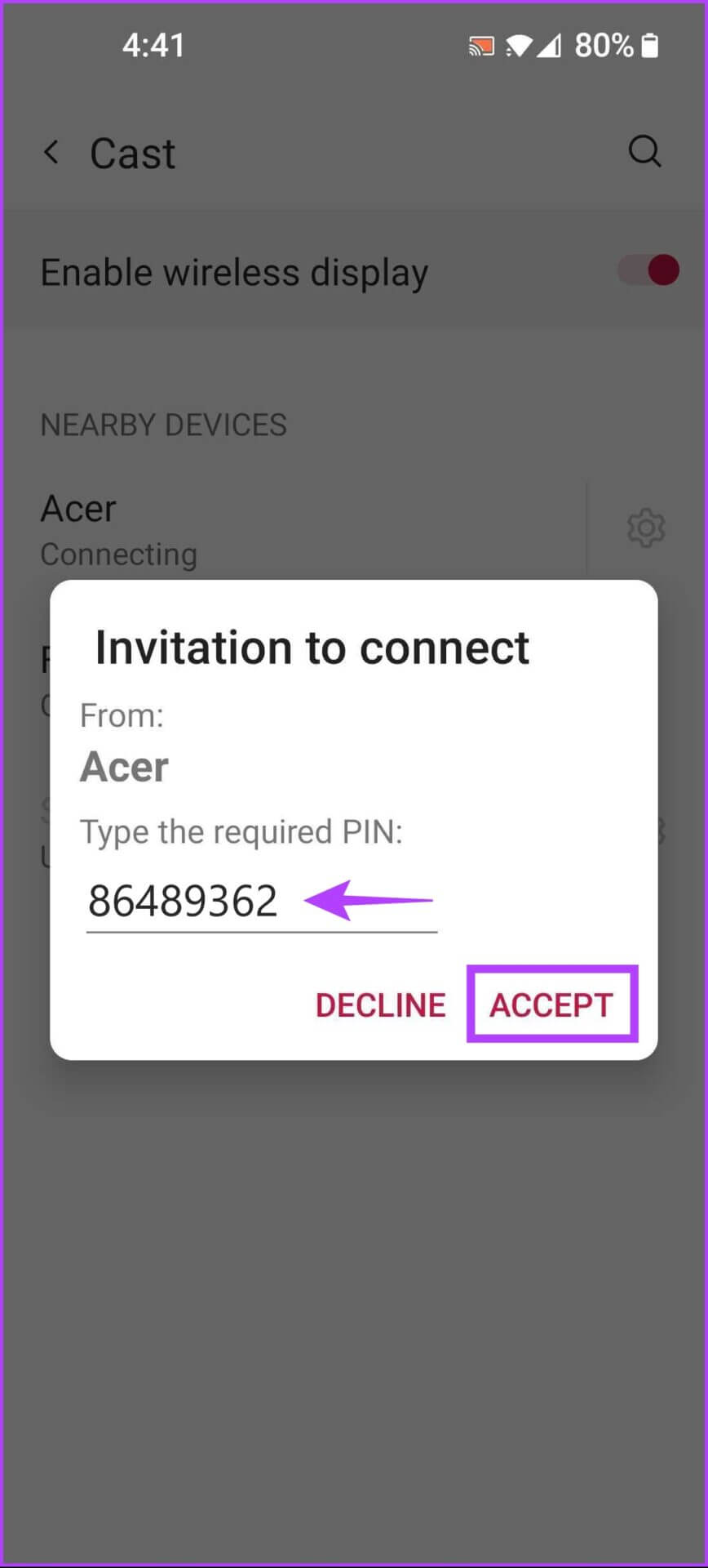 Enter-The-Pin-and-Tap-Accept-868x1920 كيفية عكس Android لجهاز الكمبيوتر بنظام Windows 11