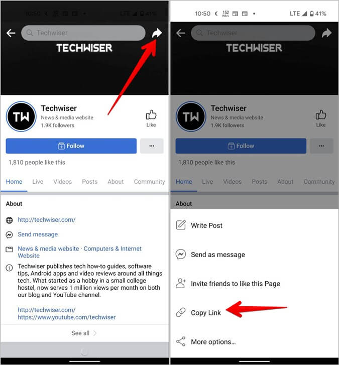 Facebook-Mobile-Page-Link-675x727 كيفية البحث عن عنوان URL ملفك الشخصي ومشاركته ، والمنشورات ، وما إلى ذلك على Facebook.