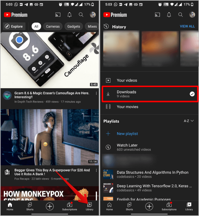 Opening-Downloads-page-on-YouTube كيفية تمكين / تعطيل ميزة التنزيل الذكي على YouTube و YouTube Music