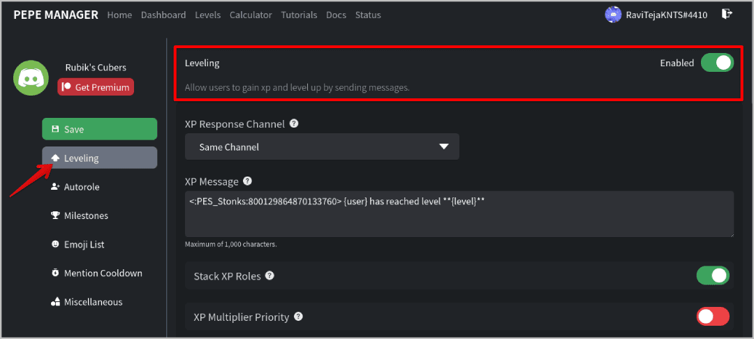 Pepe-Manager-leveling-system بديل مجاني لبوت Discord لمستويات MEE6