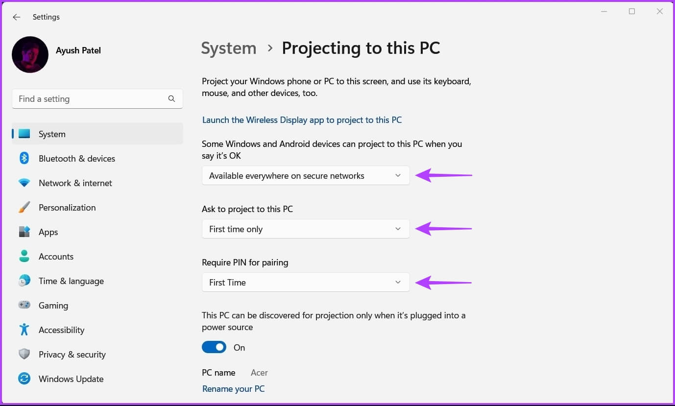 Projecting-to-This-PC-Dropdown-4-1378x829 كيفية عكس Android لجهاز الكمبيوتر بنظام Windows 11