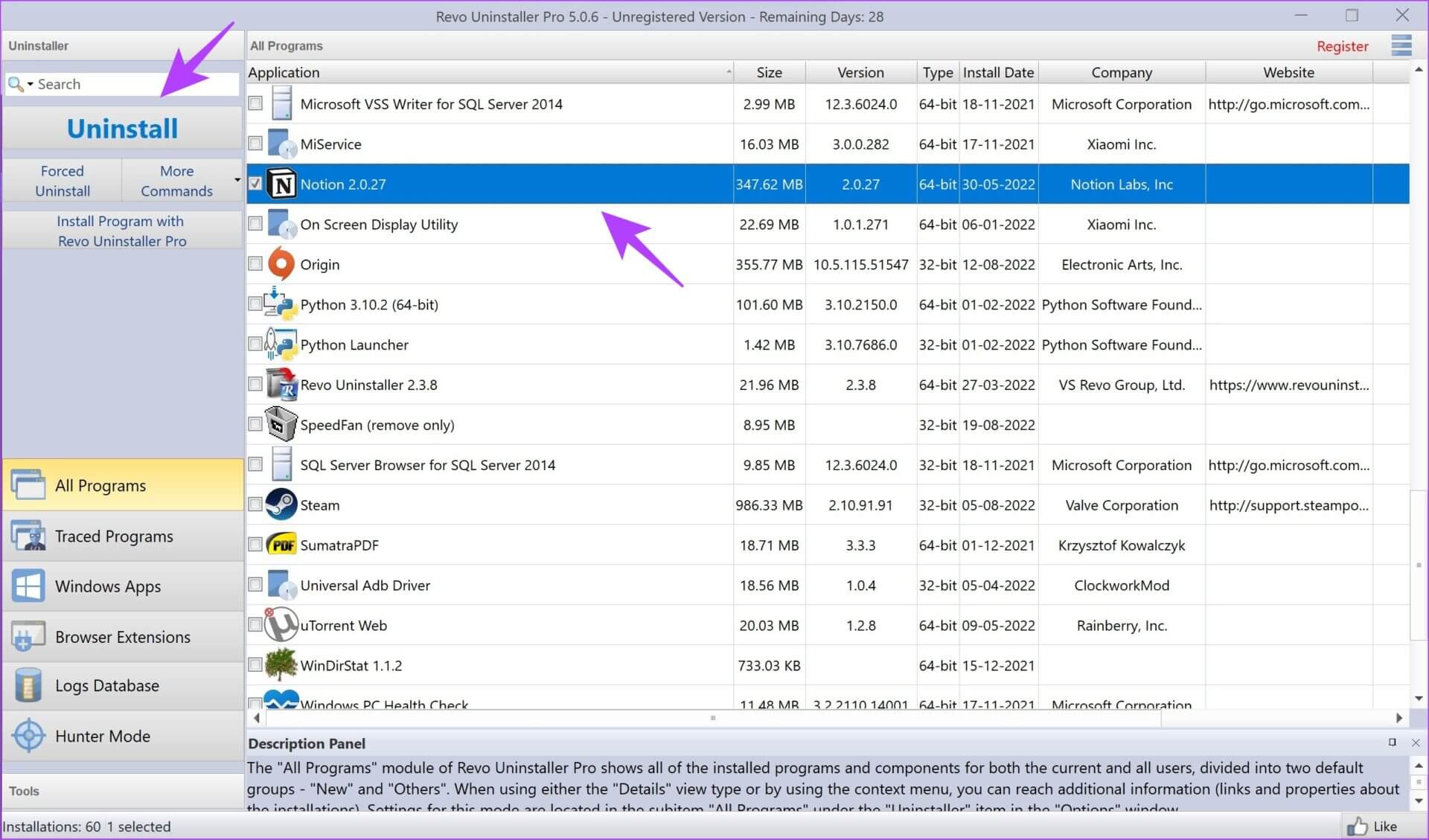 Select-App-Click-Uninstall-1920x1129 3 طرق لإزالة الملفات المتبقية بعد إلغاء تثبيت البرنامج على Windows