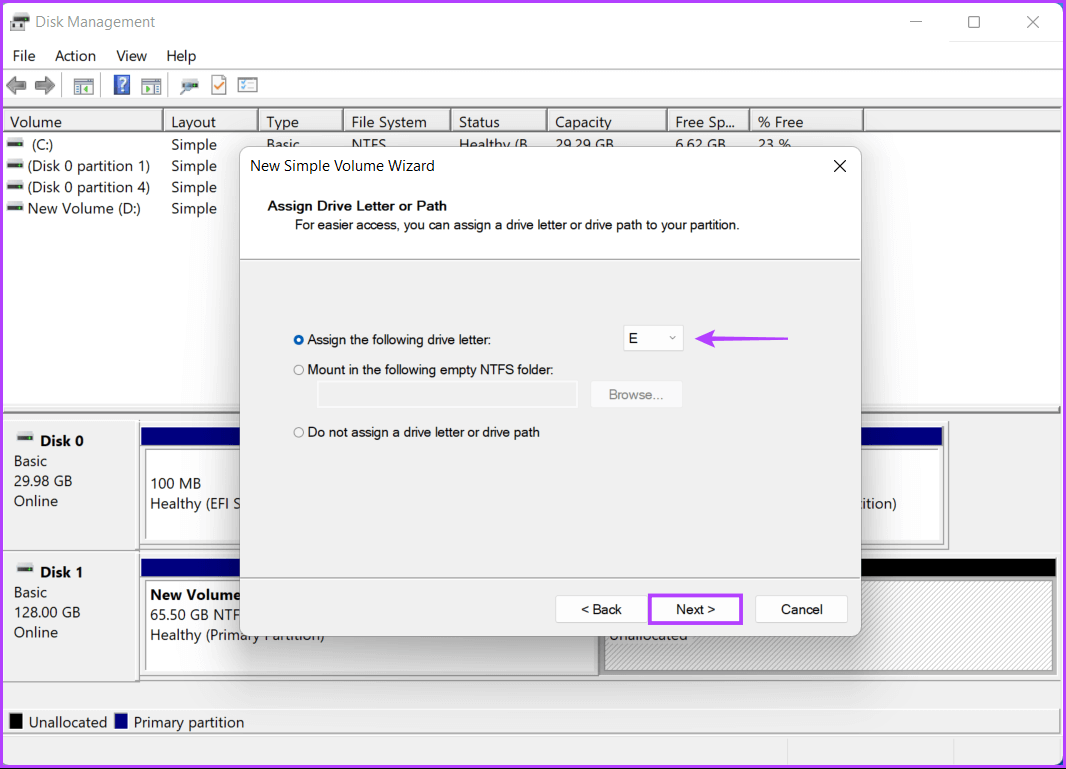 Select-Drive-Letter-1 كيفية إنشاء وتعديل أقسام القرص الصلب على Windows 11