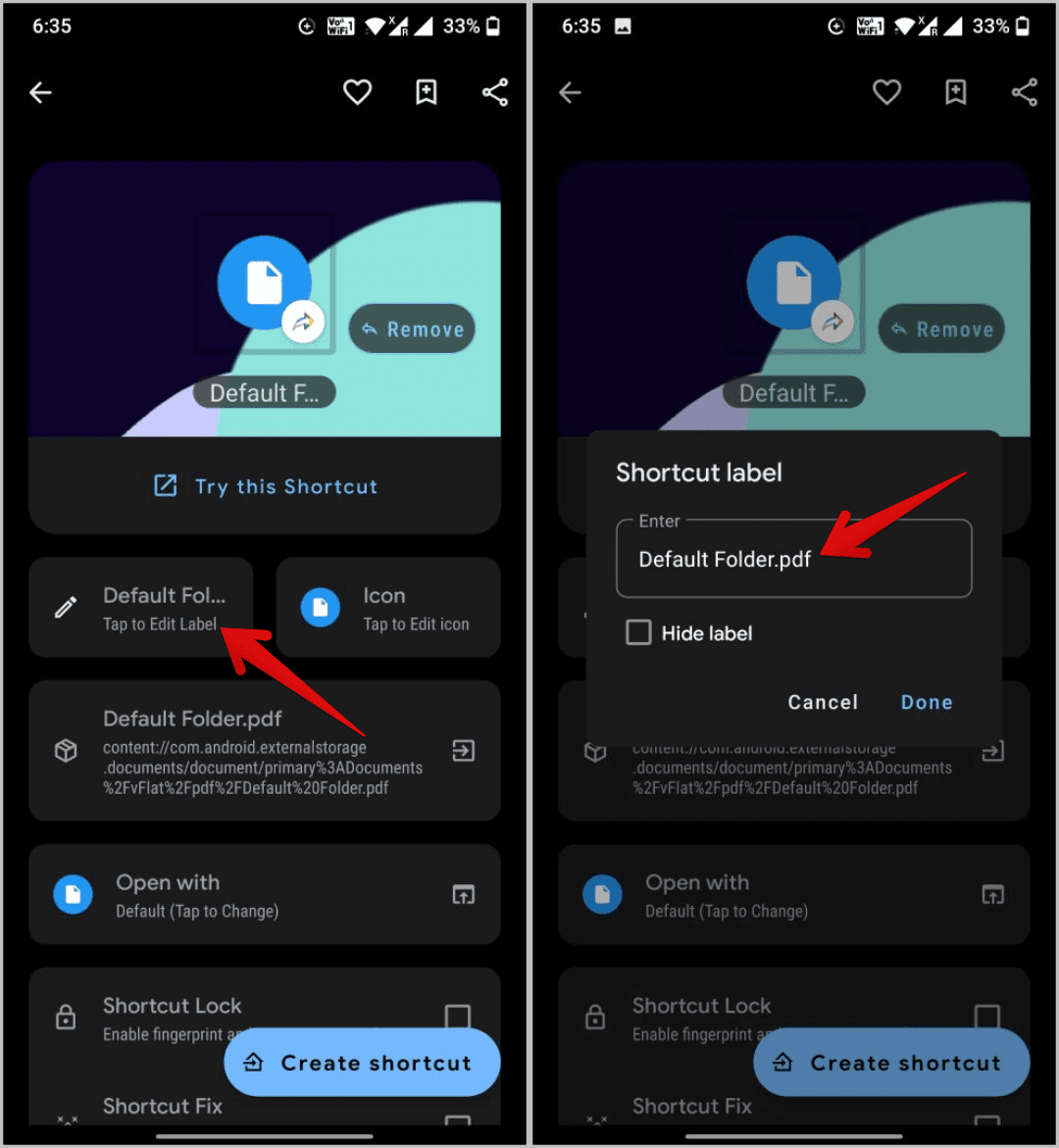 Shortcut-Label كيفية إضافة اختصار ملف / مجلد إلى شاشة Android الرئيسية