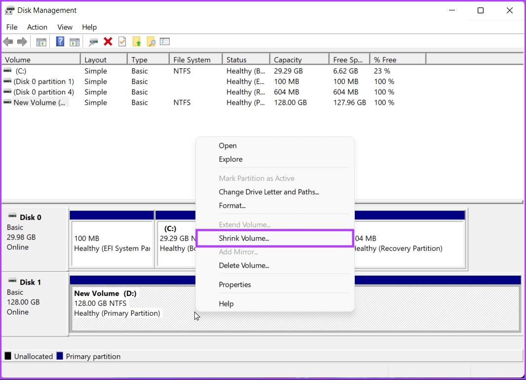 Shrink-Volum كيفية إنشاء وتعديل أقسام القرص الصلب على Windows 11