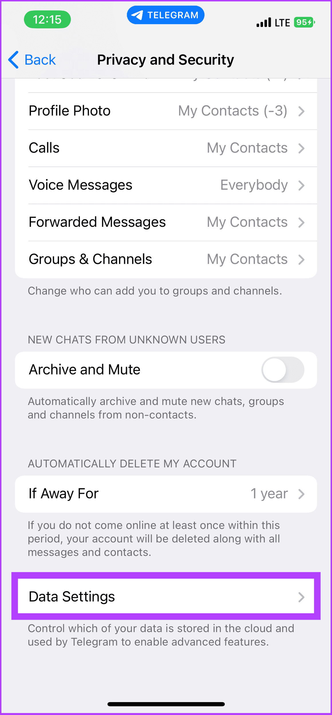 Telegram-Data-Settings-on-iOS كيفية حذف جهات اتصال Telegram على iPhone أو Android أو الكمبيوتر الشخصي