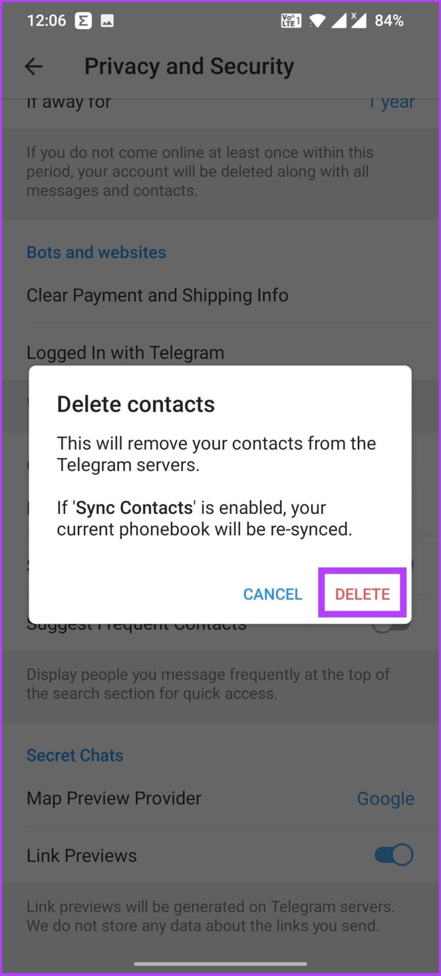 Under-Contacts-tap-on-Delete-Synced-Contacts-1-1-868x1920 كيفية حذف جهات اتصال Telegram على iPhone أو Android أو الكمبيوتر الشخصي
