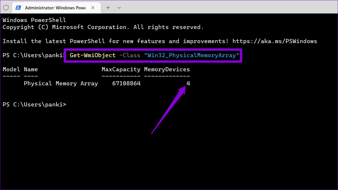 View-Total-Number-of-RAM-Slots-Using-Windows-PowerShell أفضل 3 طرق للتحقق من فتحات ذاكرة الوصول العشوائي RAM المتوفرة في Windows 11