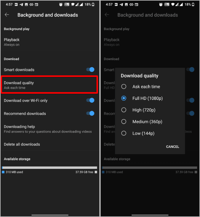 YouTube-Download-Quality كيفية تمكين / تعطيل ميزة التنزيل الذكي على YouTube و YouTube Music