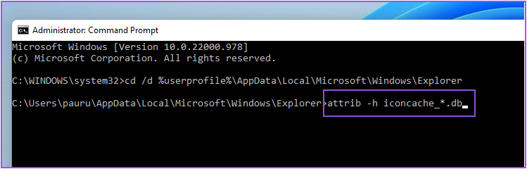 attrib-icon-cache-command-prompt-windows-11 أفضل 7 إصلاحات للخلفية السوداء خلف أيقونة المجلد في Windows 11