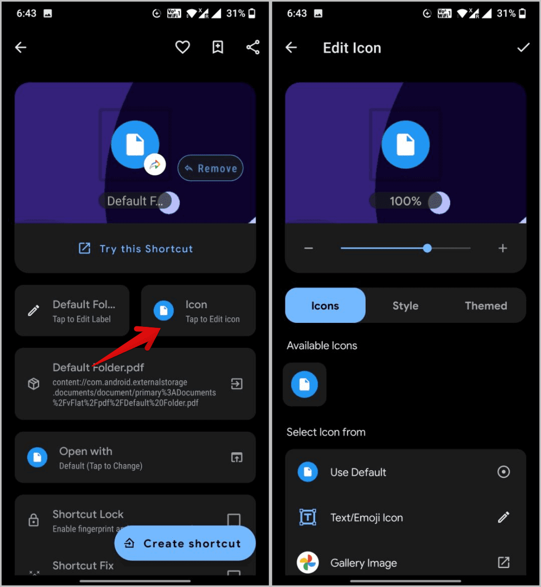 changing-the-icon كيفية إضافة اختصار ملف / مجلد إلى شاشة Android الرئيسية