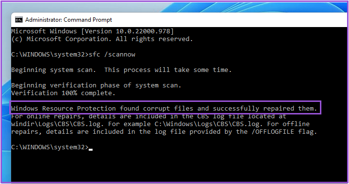 corrupted-files-repaired-sfc-scan-win-11-1 أفضل 7 إصلاحات للخلفية السوداء خلف أيقونة المجلد في Windows 11