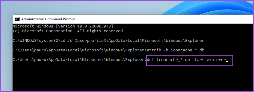 delete-icon-cache-using-command-prompt-win-11 أفضل 7 إصلاحات للخلفية السوداء خلف أيقونة المجلد في Windows 11
