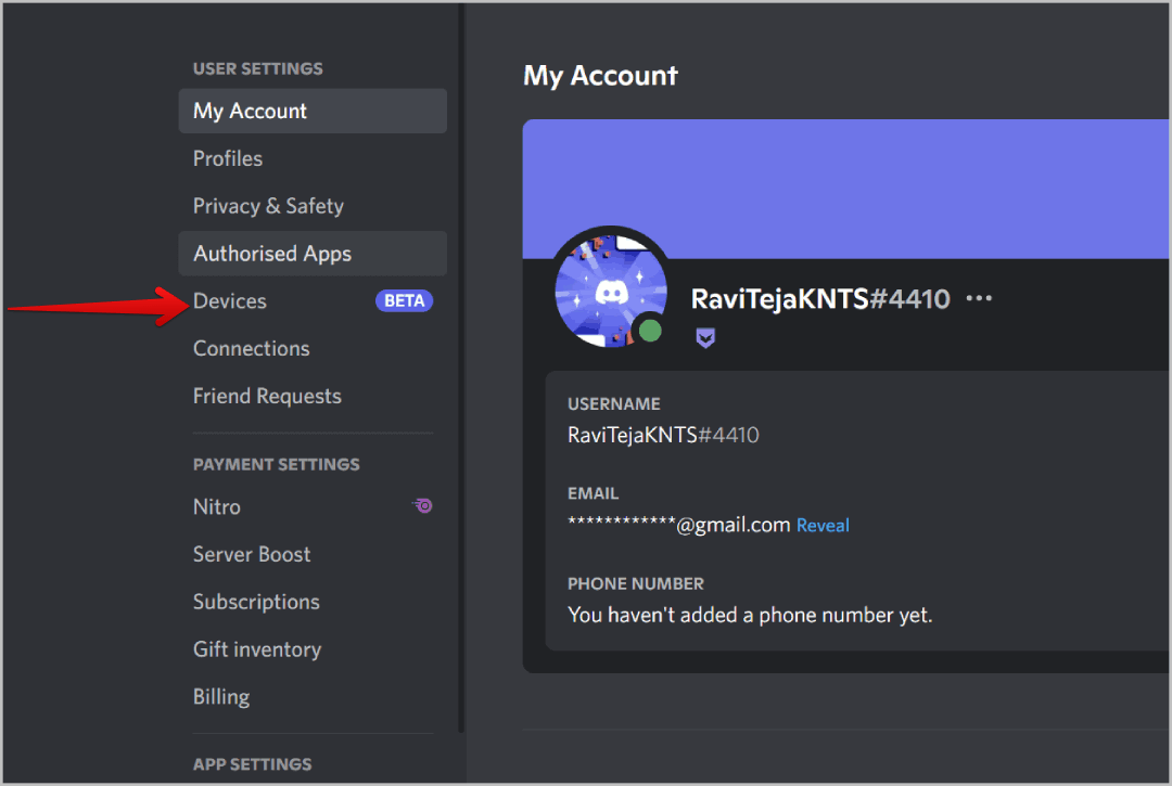 devices-option-on-Discord-user-settings كيفية التحقق من مكان تسجيل الدخول إلى حسابي Discord