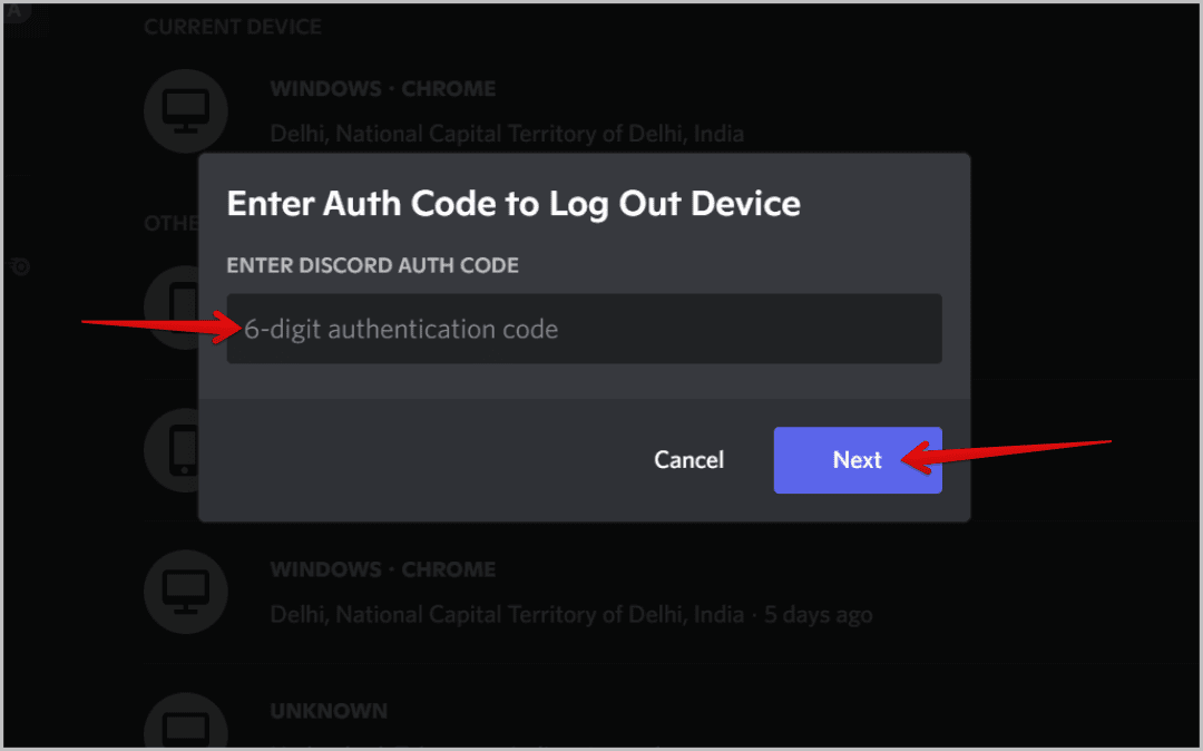 enter-auth-code-to-log-out-device كيفية التحقق من مكان تسجيل الدخول إلى حسابي Discord