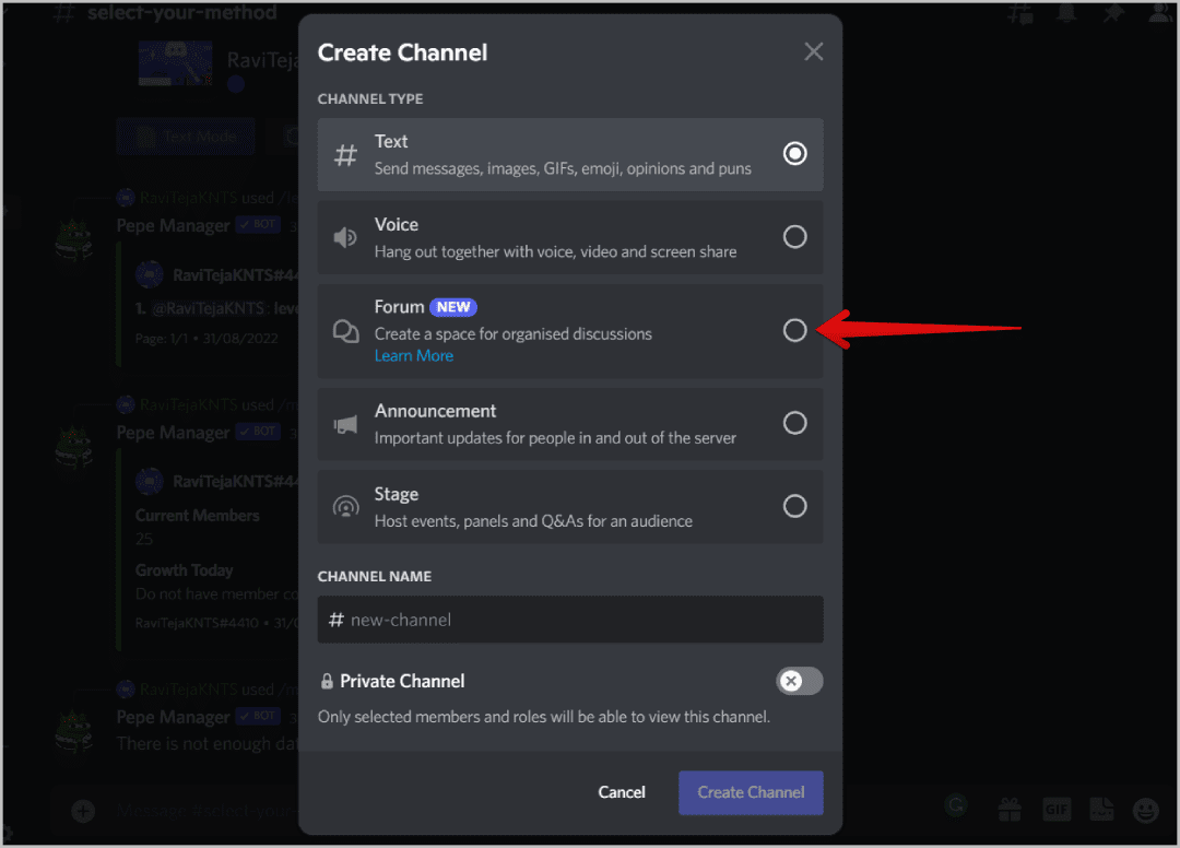 selecting-forum-channel كيفية إنشاء وإعداد واستخدام قناة المنتديات على Discord