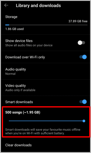 selecting-the-number-of-songs-to-download-in-smart-downloads كيفية تمكين / تعطيل ميزة التنزيل الذكي على YouTube و YouTube Music