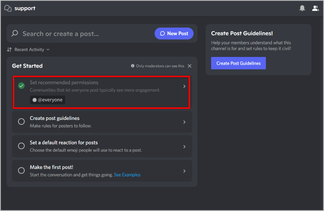 ser-recommened-permissions-on-forums-channel-on-Discord كيفية إنشاء وإعداد واستخدام قناة المنتديات على Discord