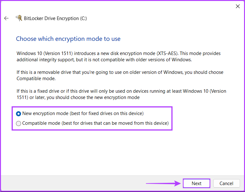 Choose-Encryption-Mode-C-Drive كيفية تشفير البيانات باستخدام BitLocker على Windows 11
