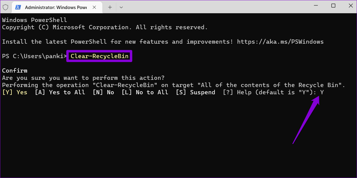Clear-Recycle-Bin-via-PowerShell أفضل 6 طرق لإفراغ سلة المحذوفات عندما يتعذر عليك حذف الملفات في Windows 11
