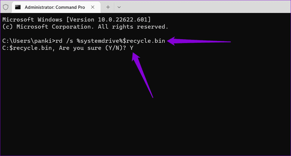 Clear-Recycle-Bin-via-Terminal أفضل 6 طرق لإفراغ سلة المحذوفات عندما يتعذر عليك حذف الملفات في Windows 11