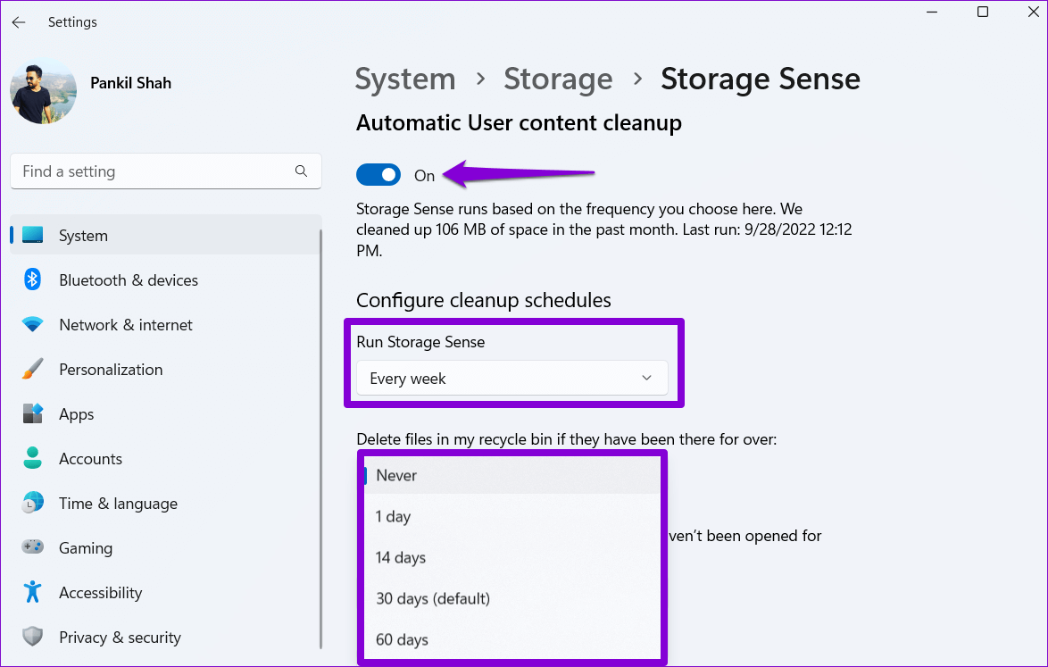 Configure-Storage-Sense-on-Windows-2 أفضل 6 طرق لإفراغ سلة المحذوفات عندما يتعذر عليك حذف الملفات في Windows 11