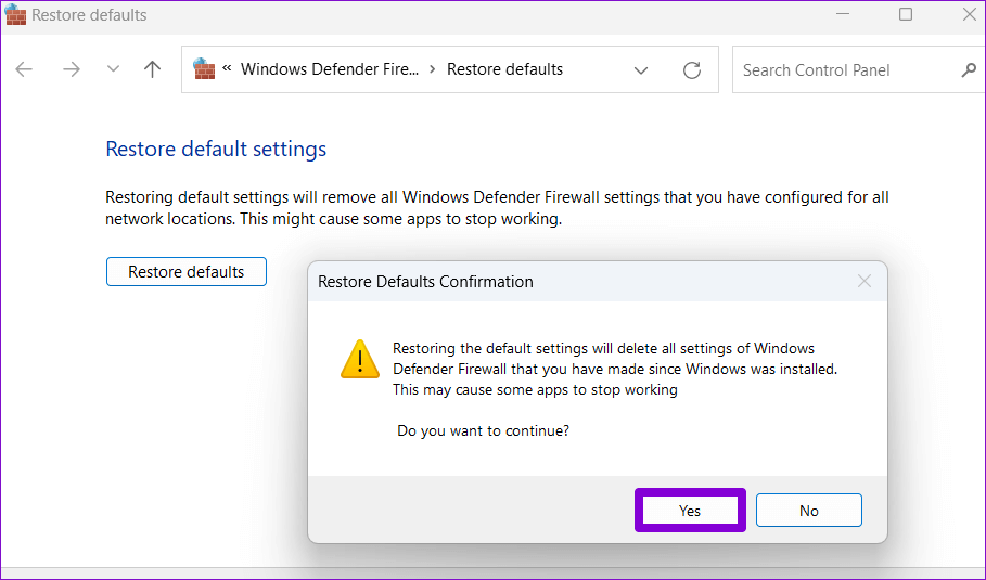 Confirm-Reset-Firewall أفضل 5 طرق لإعادة تعيين إعدادات جدار الحماية في Windows 11