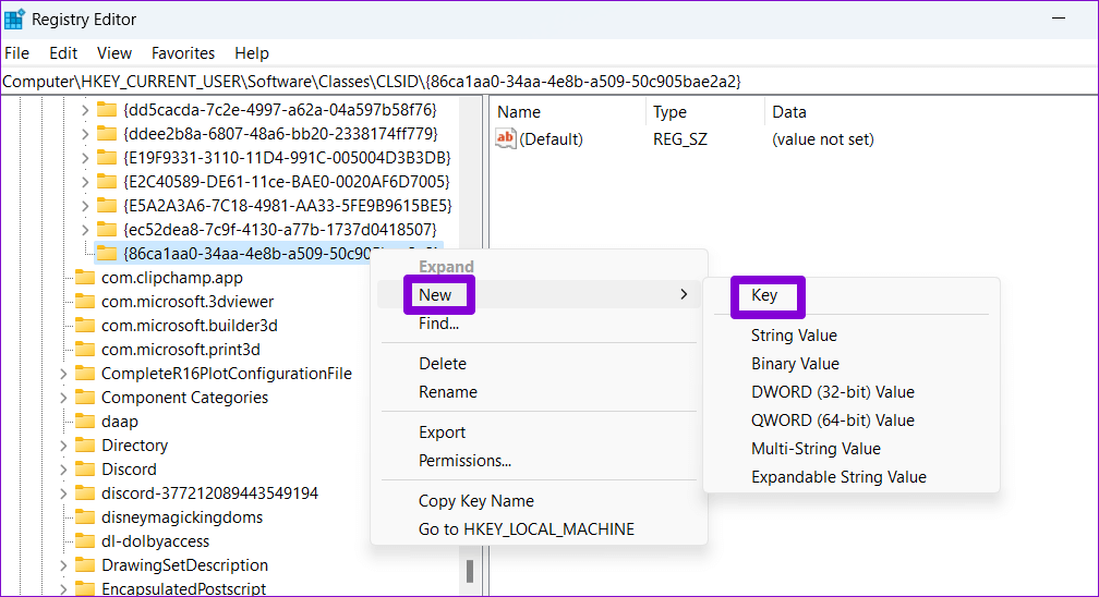 Create-New-Subkey-in-Registry-Editor أفضل طريقتين لتعطيل قائمة سياق إظهار المزيد من الخيارات في Windows 11