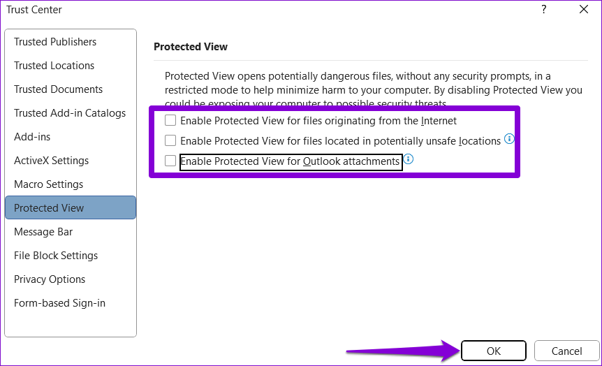 Disable-Trust-Center-Settings-in-Word أفضل 8 طرق لإصلاح Microsoft Word يفتح الملفات في وضع القراءة فقط في Windows 10 و Windows 11