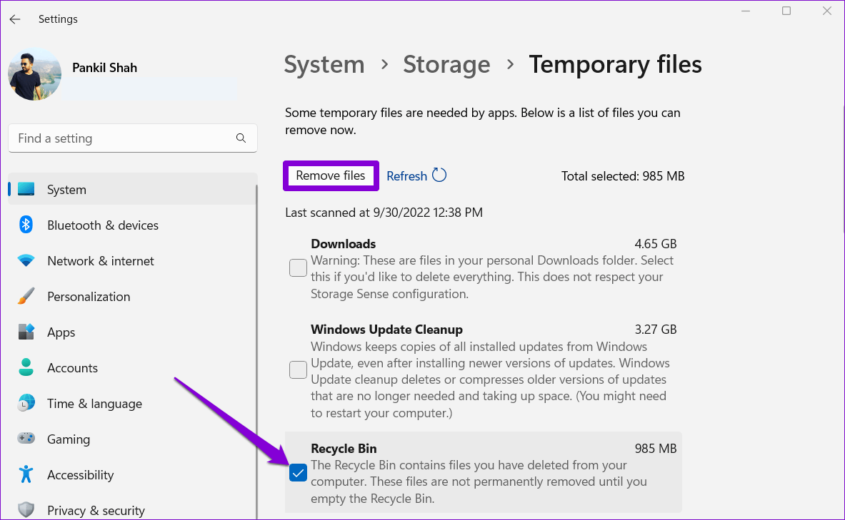 Empty-Recycle-Bin-via-Settings-App أفضل 6 طرق لإفراغ سلة المحذوفات عندما يتعذر عليك حذف الملفات في Windows 11