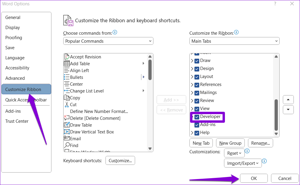 Enable-Developer-Tab-in-Word كيفية إدراج مقاطع فيديو في مستند Microsoft Word
