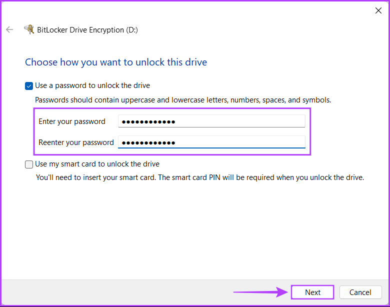 Enter-a-Password كيفية تشفير البيانات باستخدام BitLocker على Windows 11
