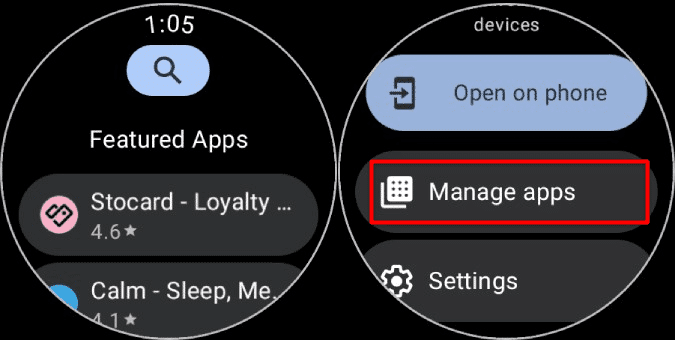 Manage-Apps-option-on-Galaxy-Watch-in-Play-Store 3 طرق لتثبيت التطبيقات وتحميلها الجانبي وإلغاء تثبيتها على Samsung Galaxy Watch