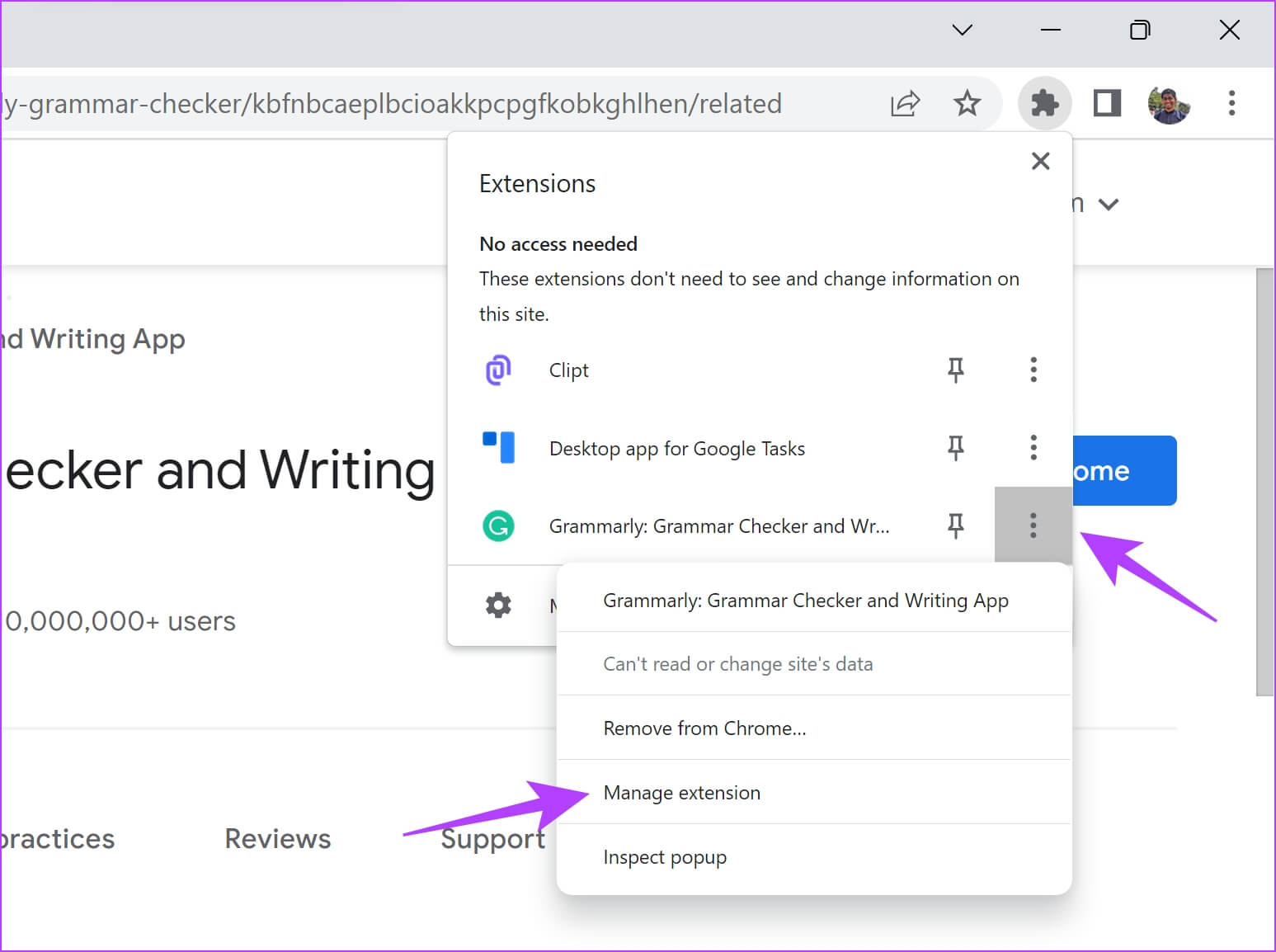 Manage-Extension-1547x1154 8 طرق لإصلاح عدم عمل إضافة Grammarly على Chrome