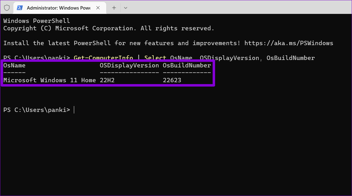 OS-Information-in-PowerShell أفضل 5 طرق للتحقق من النوع والإصدار والبناء في Windows 11