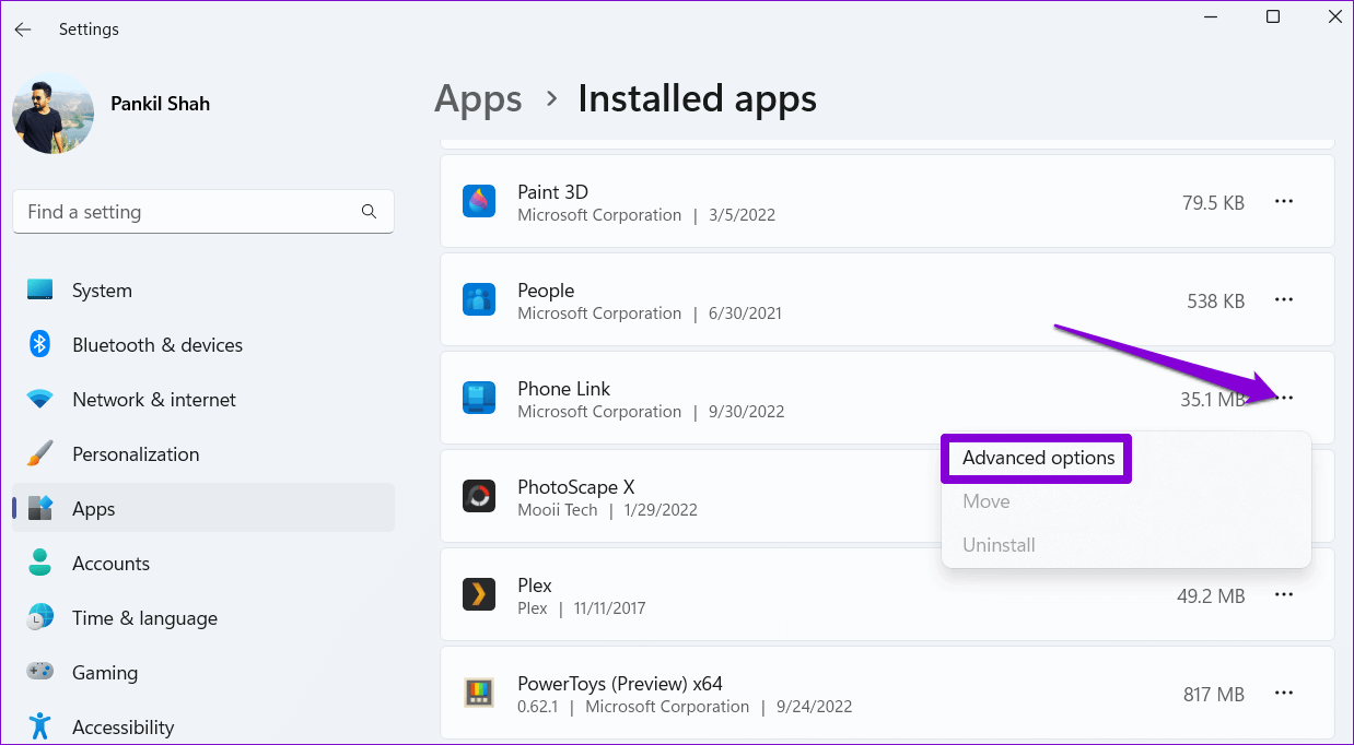 Open-Phone-Link-Advanced-Options أفضل 7 طرق لإصلاح عدم عمل تطبيق Phone Link على Windows 11