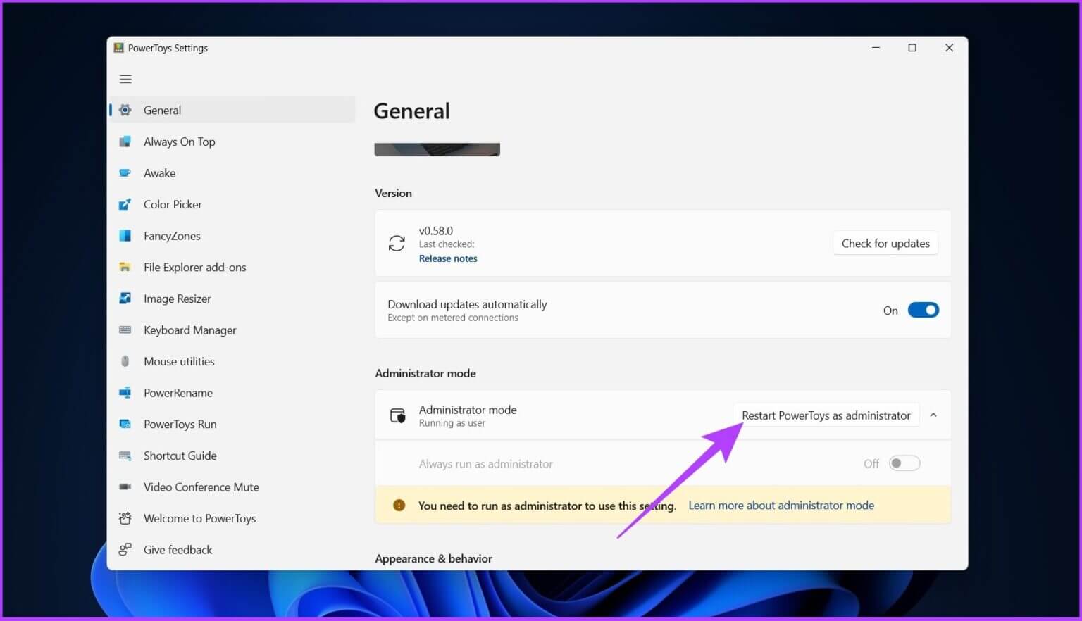 Open-PowerToys-and-under-Administrator-mode-1536x882-1-1536x882 4 طرق سهلة لإعادة تسمية مجموعة من الملفات على Windows 11