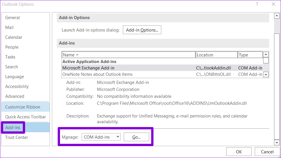 Outlook-Add-ins-1 أفضل 7 إصلاحات لعدم القدرة على فتح المرفقات في Microsoft Outlook على Windows