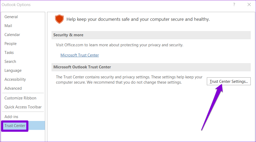 Outlook-Trust-Center أفضل 7 إصلاحات لعدم القدرة على فتح المرفقات في Microsoft Outlook على Windows