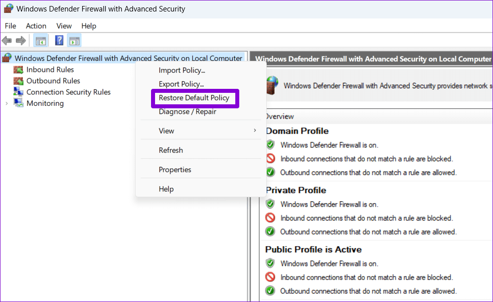 Reset-Firewall-Using-Advanced-Security أفضل 5 طرق لإعادة تعيين إعدادات جدار الحماية في Windows 11