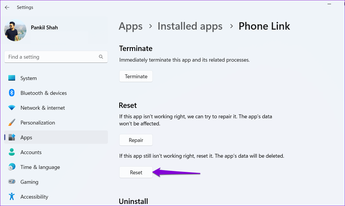 Reset-Phone-Link-App أفضل 7 طرق لإصلاح عدم عمل تطبيق Phone Link على Windows 11