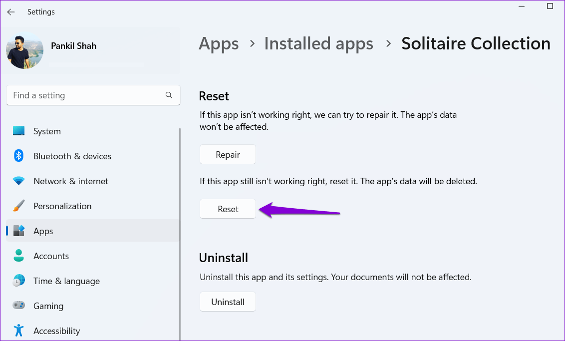 Reset-Solitaire-Collection-App أفضل 6 طرق لإصلاح عدم عمل مجموعة Microsoft Solitaire على Windows 11