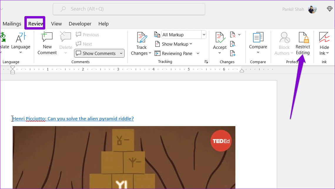 Restrict-Editing-in-Word أفضل 8 طرق لإصلاح Microsoft Word يفتح الملفات في وضع القراءة فقط في Windows 10 و Windows 11